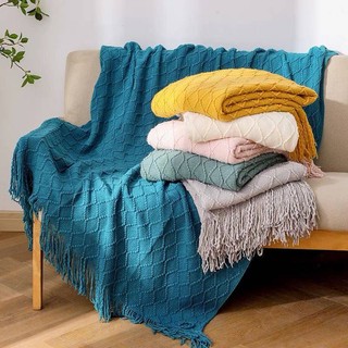 Chăn phủ sofa phong cách Bắc Âu retro, len dệt kim, họa tiết kim cương, màu trơn, đầu giường