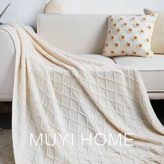 Chăn phủ sofa phong cách Bắc Âu retro, len dệt kim, họa tiết kim cương, màu trơn, đầu giường
