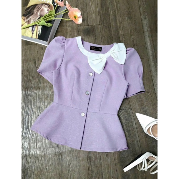 Hàng cao cấp|| Áo kiểu phối cổ nơ siêu xinh|| Áo công sở nữ hình thật có Bigsize