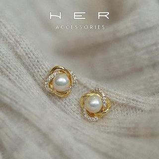 Khuyên tai nữ chuôi bạc 925 Her Accessories Bông tai hình xoắn phối ngọc trai nhân tạo phụ kiện xinh BT165