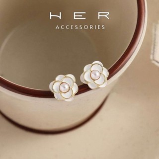 Khuyên tai nữ chuôi bạc 925 Her Accessories hoa trà khảm xà cừ phụ kiện trang sức nữ thanh lịch, sang chảnh - BT132