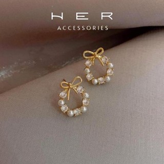 Bông tai nữ hình tròn đính nơ Her Accessories  phong cách Hàn Quốc phụ kiện thời trang nữ nhẹ nhàng thanh lịch - BT120
