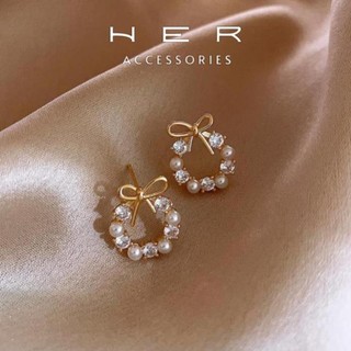 Bông tai nữ hình tròn đính nơ Her Accessories  phong cách Hàn Quốc phụ kiện thời trang nữ nhẹ nhàng thanh lịch - BT120