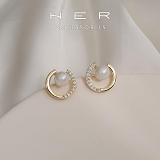 Khuyên tai nữ kiểu dáng chữ C đính đá zircon phối ngọc trai nhân tạo Her Accessories phụ kiện đẹp - BT108