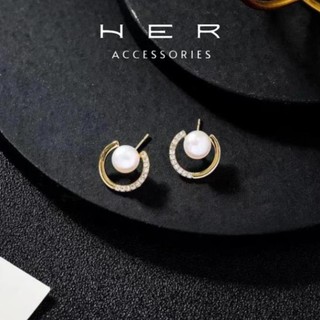 Khuyên tai nữ kiểu dáng chữ C đính đá zircon phối ngọc trai nhân tạo Her Accessories phụ kiện đẹp - BT108