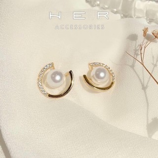 Khuyên tai nữ kiểu dáng chữ C đính đá zircon phối ngọc trai nhân tạo Her Accessories phụ kiện đẹp - BT108