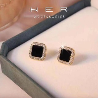 Khuyên tai nữ mặt vuông viền đá cao cấp chuôi bạc 925 Her Accessoriesg phụ kiện sang chảnh, cao cấp - BT68