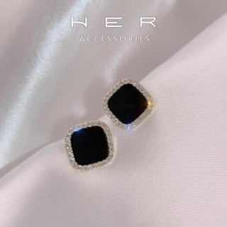 Khuyên tai nữ mặt vuông viền đá cao cấp chuôi bạc 925 Her Accessoriesg phụ kiện sang chảnh, cao cấp - BT68
