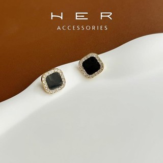 Khuyên tai nữ mặt vuông viền đá cao cấp chuôi bạc 925 Her Accessoriesg phụ kiện sang chảnh, cao cấp - BT68