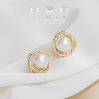 Khuyên tai titan nữ vòng xoắn đính ngọc trai nhân tạo Her Accessories phụ kiện nữ sang trọng- BT38
