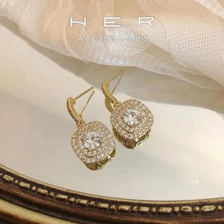 Bông tai nữ chuôi bạc 925 Her Accessories mạ vàng 18K đính đá pha lê hình vuông phụ kiện nữ sang trọng - BT29