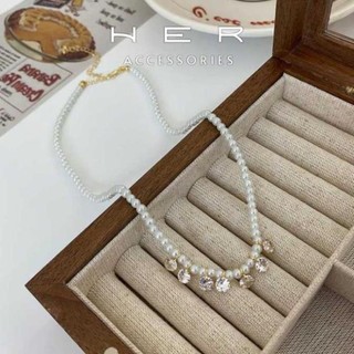 Dây chuyền nữ ngọc trai nhân tạo Her Accessories đính đá phụ kiện lấp lánh thanh lịch - VC06