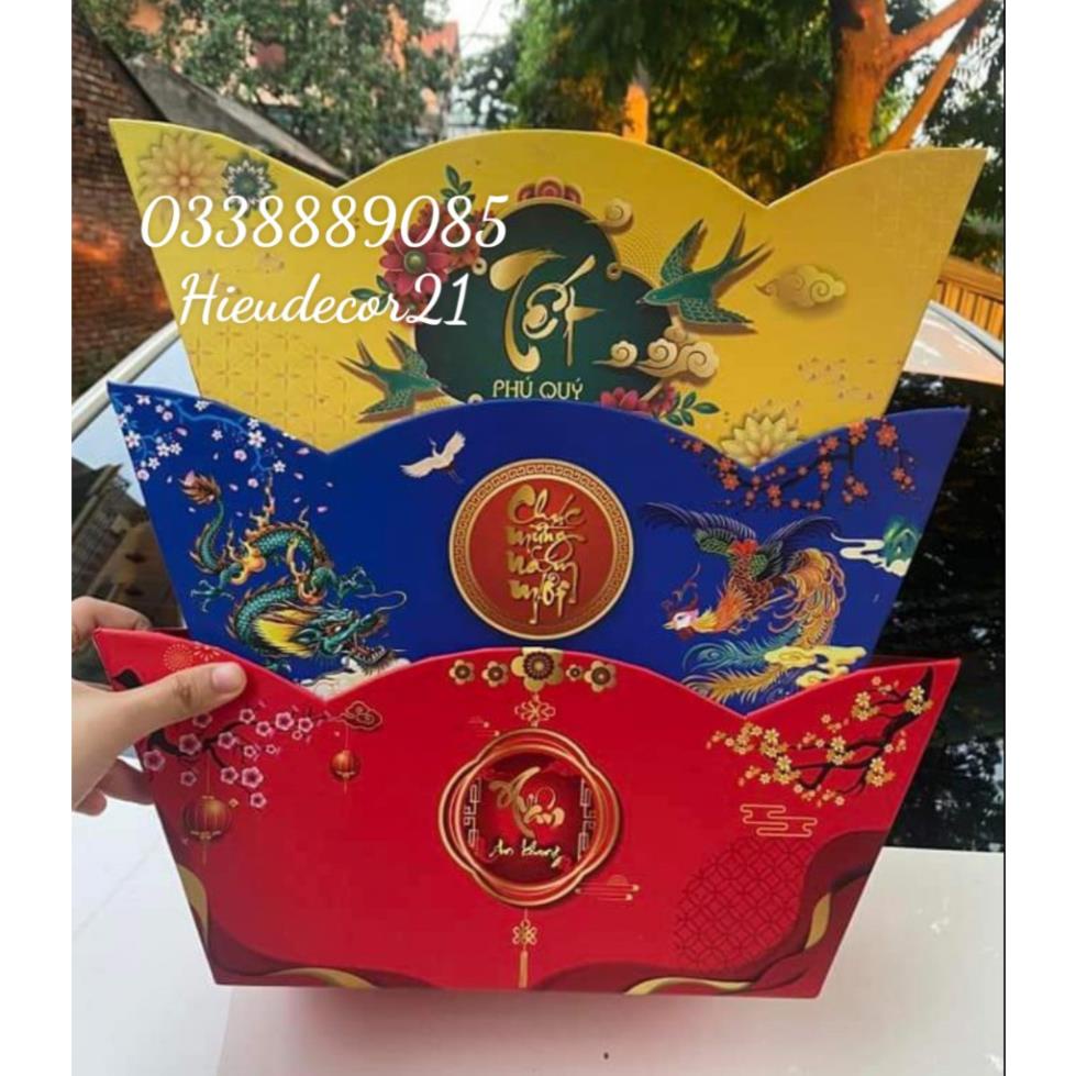 Khay thuyền in hình Tết 3 màu sang trọng bao gồm độn đế
