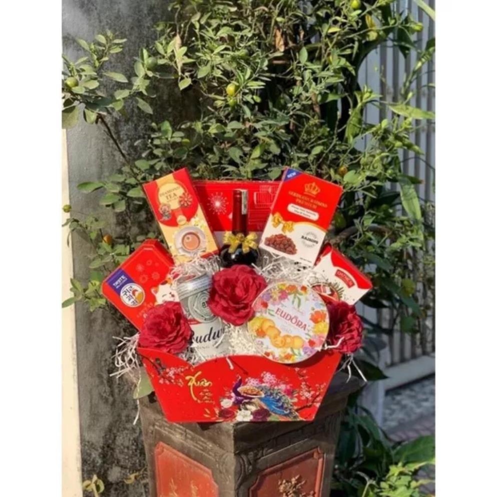 Khay thuyền in hình Tết 3 màu sang trọng bao gồm độn đế