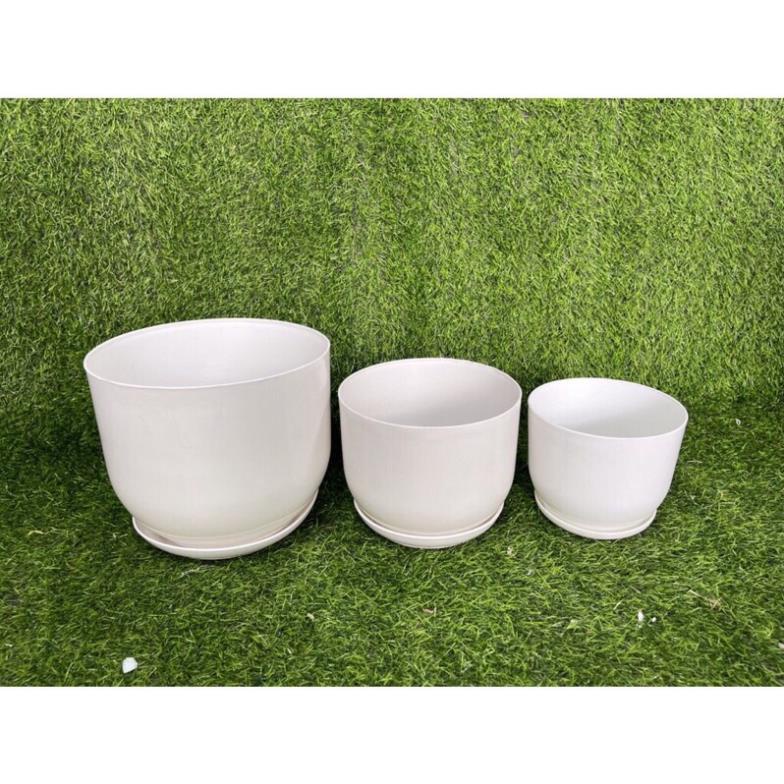 (chậu+ đĩa) Chậu nhựa tròn giả sứ trắng kèm đĩa trồng cây cảnh mini, sen đá, sương rồng kèm hàng dày đẹp (Tròn sứ trơn)
