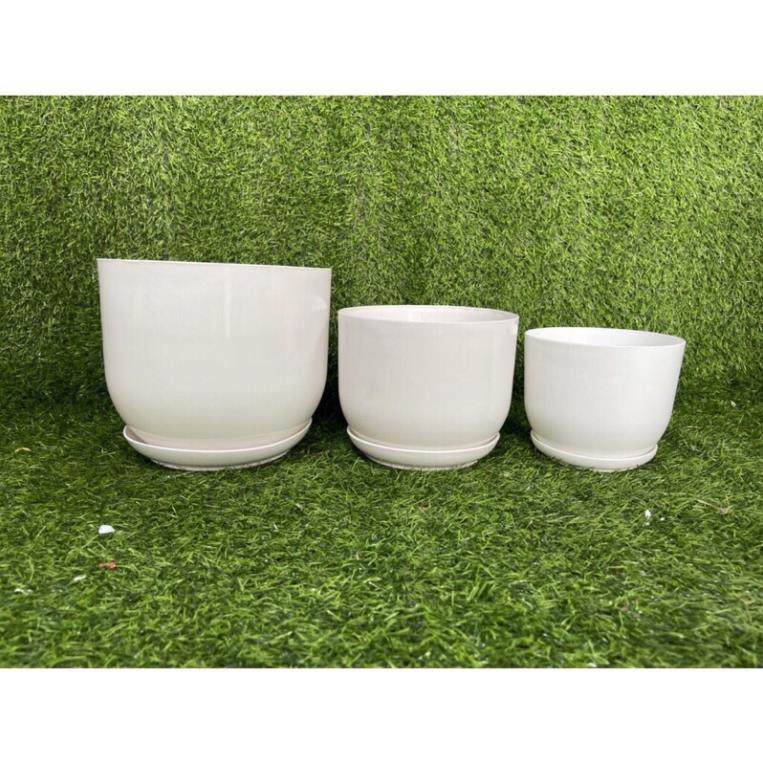 (chậu+ đĩa) Chậu nhựa tròn giả sứ trắng kèm đĩa trồng cây cảnh mini, sen đá, sương rồng kèm hàng dày đẹp (Tròn sứ trơn)