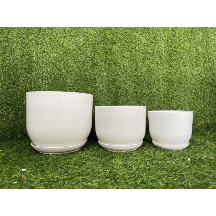 (chậu+ đĩa) Chậu nhựa tròn giả sứ trắng kèm đĩa trồng cây cảnh mini, sen đá, sương rồng kèm hàng dày đẹp (Tròn sứ trơn)