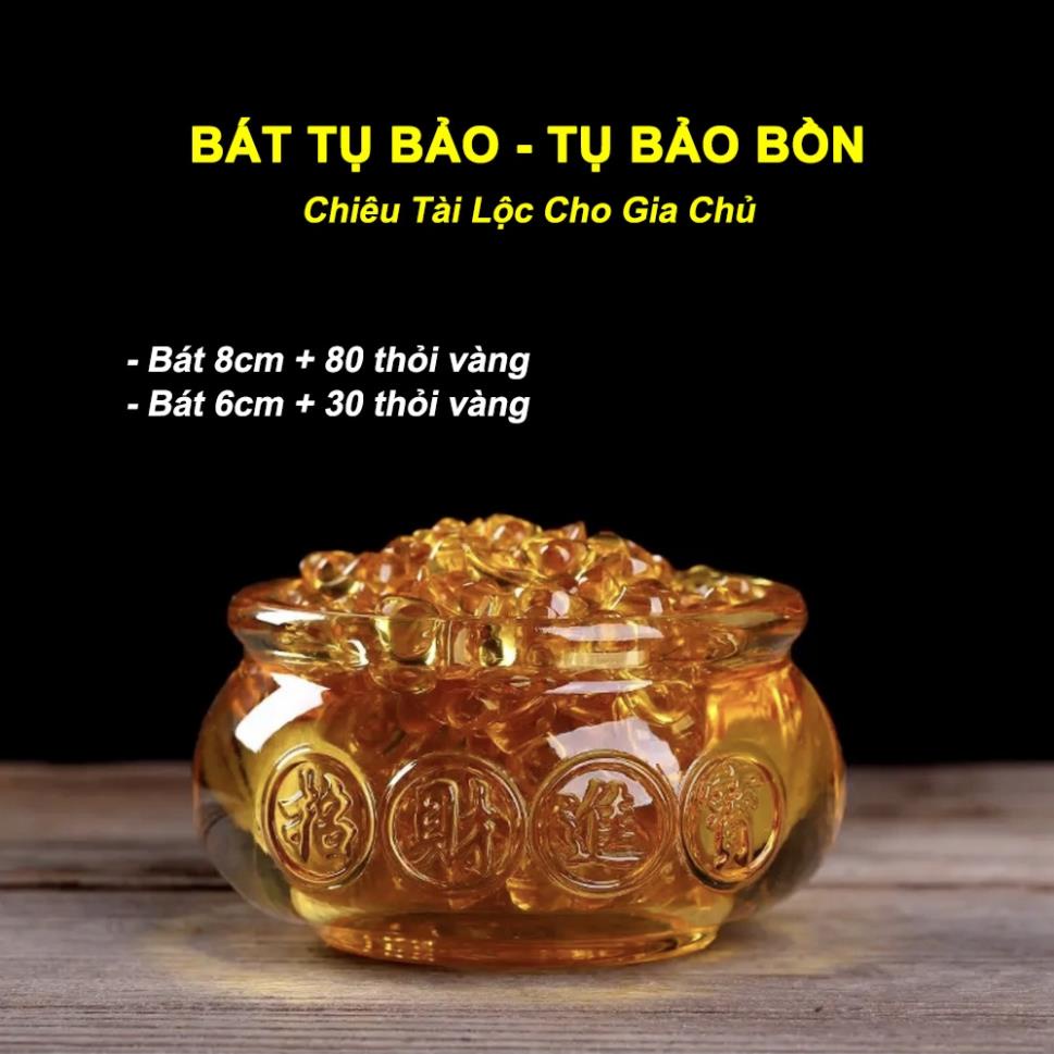 Hủ vàng bát Tụ Bảo Bồn 6cm 8cm kèm thỏi kim nguyên bảo thủy tinh pha lê
