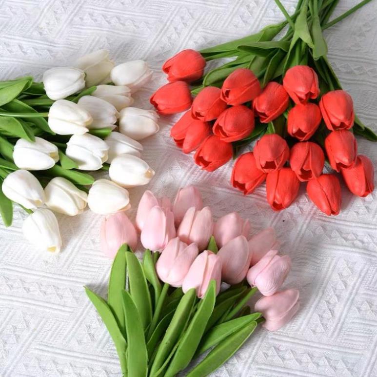 Hoa Giả Hoa Tulip, Cành Hoa Tuy Líp Chất Liệu Cao Su Non Bông 33cm
