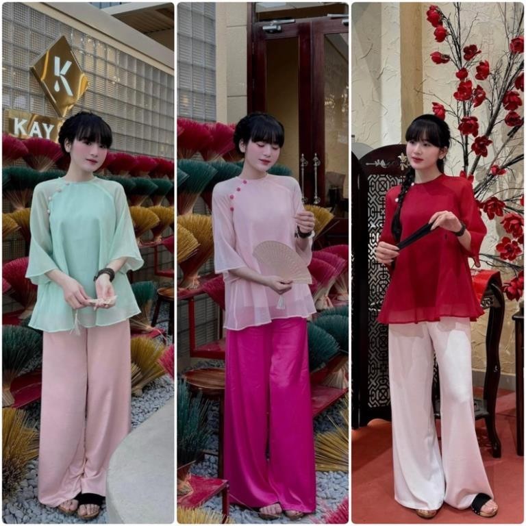 SÉT ĐỒ LAM ÁO TÀU CÁCH ĐIỆU VOAN FORM RỘNG + QUẦN SUÔNG DÀI