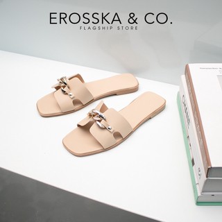 Dép nữ thời trang đế bằng Erosska phối dây mảnh phối khoá xích màu đen - DE042