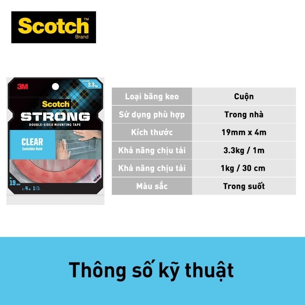 Ảnh Băng keo hai mặt 3M™ Scotch®, trong suốt, siêu dính, độ bền cao, chống tia UV, kéo nhẹ nhàng, 1 cuộn, Dùng trong nhà 3