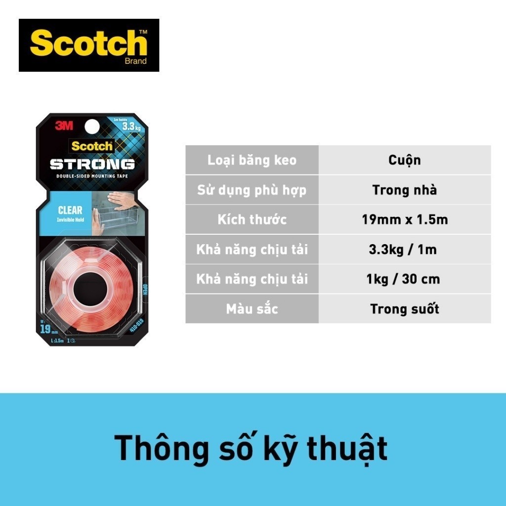 Ảnh Băng keo hai mặt 3M™ Scotch®, trong suốt, siêu dính, độ bền cao, chống tia UV, kéo nhẹ nhàng, 1 cuộn, Dùng trong nhà 2