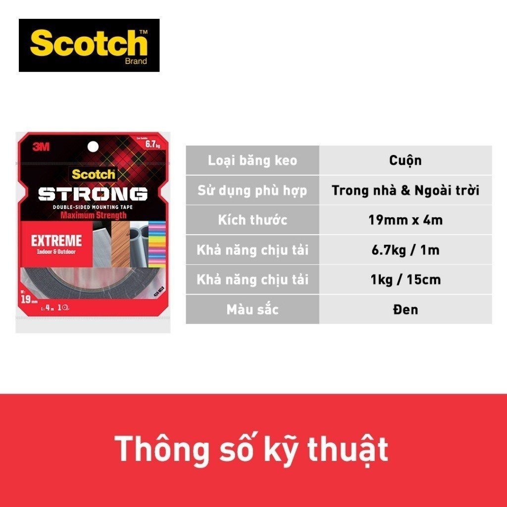 Ảnh Băng keo hai mặt 3M™ Scotch®, siêu dính, độ bền cao, dính tốt trên bề mặt được sơn, 1 cuộn, Dùng trong nhà và ngoài trời 3