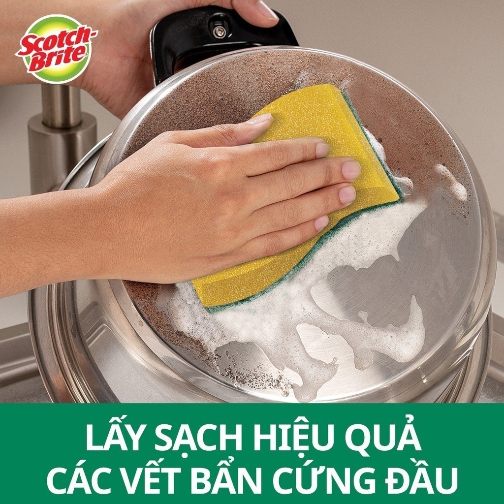Ảnh Cước rửa chén 3M™ Scotch-Brite®, kháng khuẩn, 2 mặt chống trầy, gói 3 miếng, xanh/ hồng, Làm sạch các vết bẩn cứng đầu 2