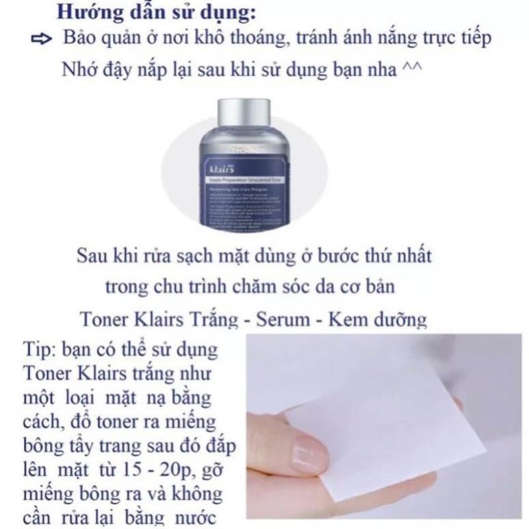 Nước Hoa Hồng/ TONER Dear Klairs Supple Preparation Unscented Toner Không Mùi Dưỡng Ẩm Và Làm Mềm Da 180ml