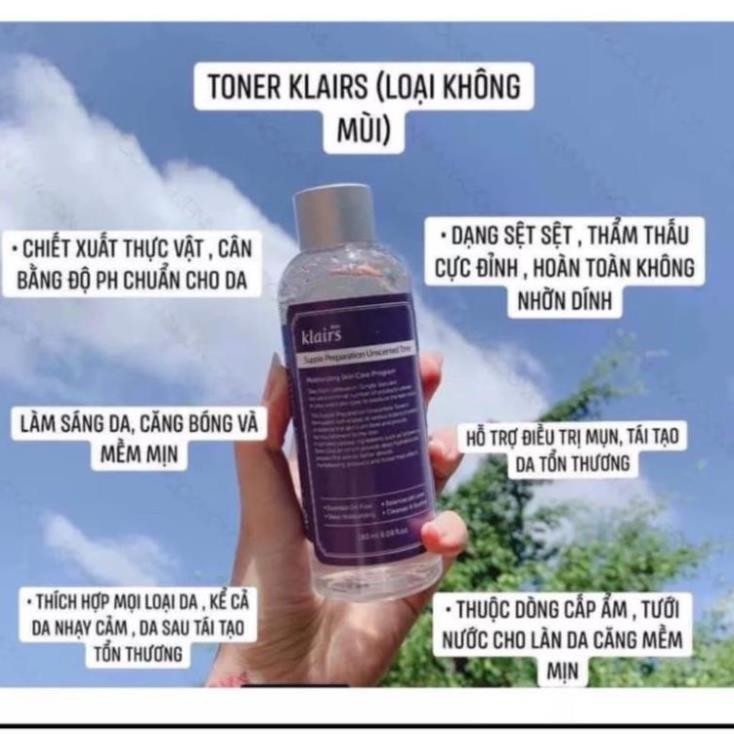 Nước Hoa Hồng/ TONER Dear Klairs Supple Preparation Unscented Toner Không Mùi Dưỡng Ẩm Và Làm Mềm Da 180ml