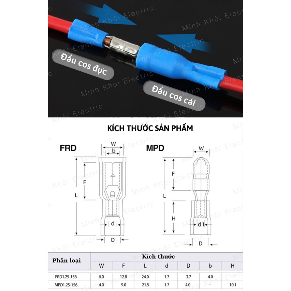 100 Cos Đầu Đạn,đầu cos nối dây điện, cốt đực cái, cosse hình đầu đạn, giắc cắm cách điện, bắp chuối duc cai, jack nối C
