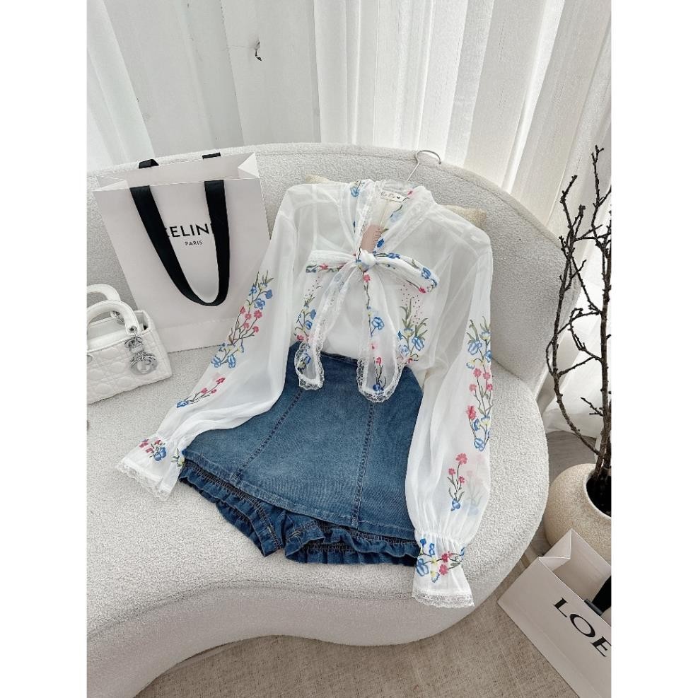 SET ÁO SƠ MI IN HOA THẮT DÂY NƠ NGỰC + ÁO LÓT 2 DÂY + CHÂN VÁY JEAN