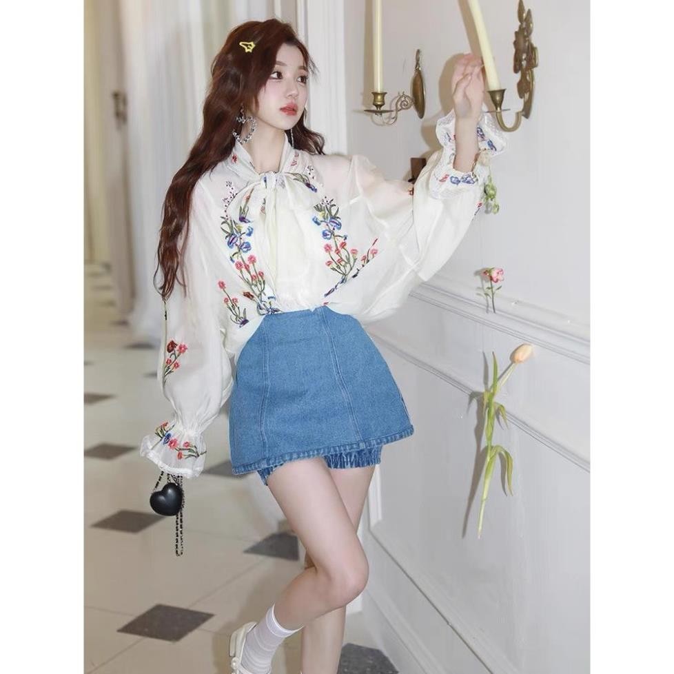 SET ÁO SƠ MI IN HOA THẮT DÂY NƠ NGỰC + ÁO LÓT 2 DÂY + CHÂN VÁY JEAN