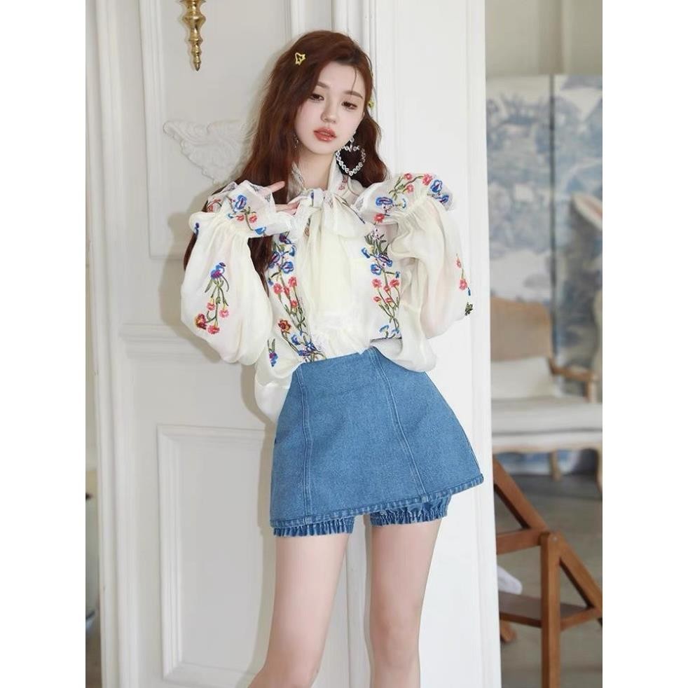 SET ÁO SƠ MI IN HOA THẮT DÂY NƠ NGỰC + ÁO LÓT 2 DÂY + CHÂN VÁY JEAN