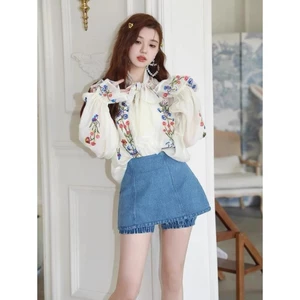 SET ÁO SƠ MI IN HOA THẮT DÂY NƠ NGỰC + ÁO LÓT 2 DÂY + CHÂN VÁY JEAN
