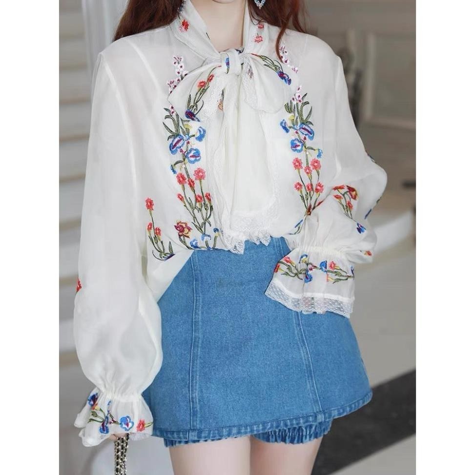 SET ÁO SƠ MI IN HOA THẮT DÂY NƠ NGỰC + ÁO LÓT 2 DÂY + CHÂN VÁY JEAN