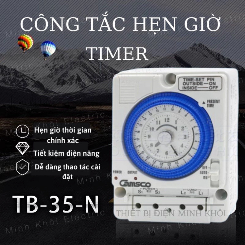 công tắc hẹn giờ cơ rơ le timer 24h camsco TB35N,công tắc thời gian,bộ hẹn giờ,đồng hồ hẹn giờ cơ,thiết bị tủ điện Cao C