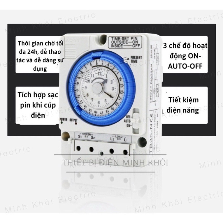 công tắc hẹn giờ cơ rơ le timer 24h camsco TB35N,công tắc thời gian,bộ hẹn giờ,đồng hồ hẹn giờ cơ,thiết bị tủ điện Cao C