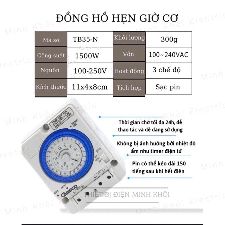 công tắc hẹn giờ cơ rơ le timer 24h camsco TB35N,công tắc thời gian,bộ hẹn giờ,đồng hồ hẹn giờ cơ,thiết bị tủ điện Cao C