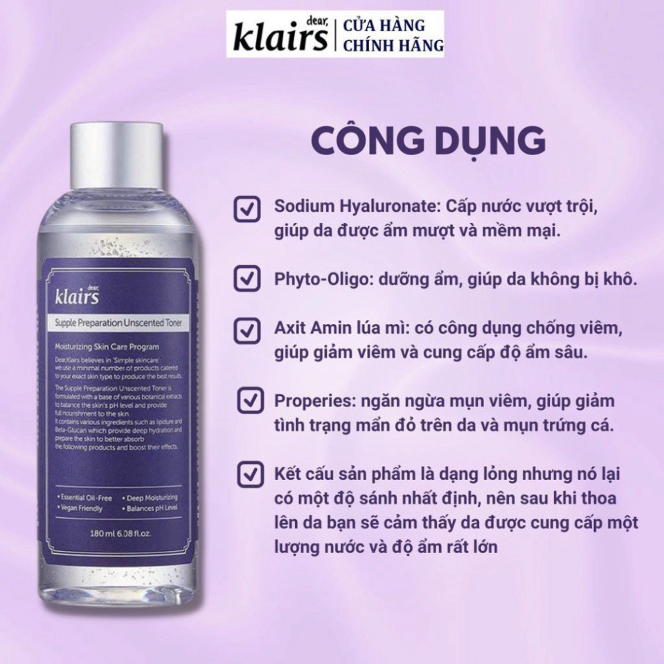 Nước hoa hồng Klairs Supple Preparation Unscented Toner 180ml