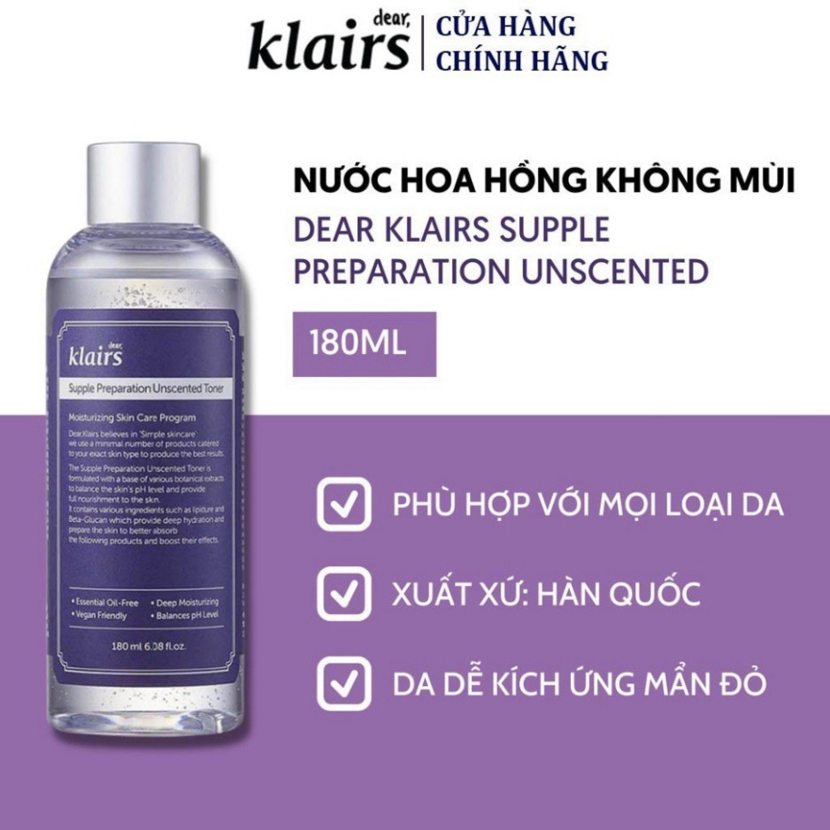 Nước hoa hồng Klairs Supple Preparation Unscented Toner 180ml