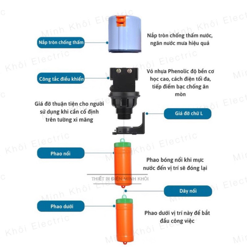 Phao Điện Tự Ngắt Hàng Chuẩn, phao điện bồn nước an toàn bơm nước, bể nước tự động,chống cạn Cao Cấp