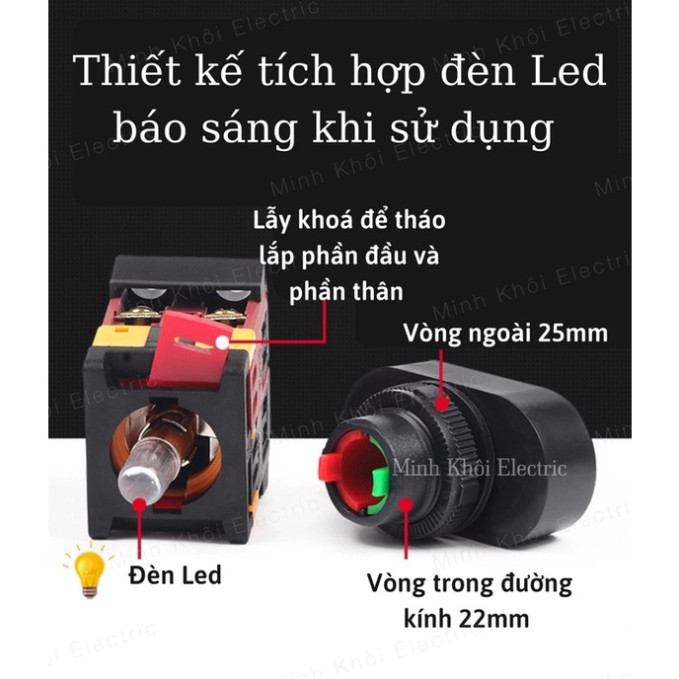 nút nhấn on off phi 22 có đèn, công tắc nhấn đôi 220VAC, nút ấn on off, nút ấn tủ điện, nút nhấn nhả, nút nhấn tủ điện C