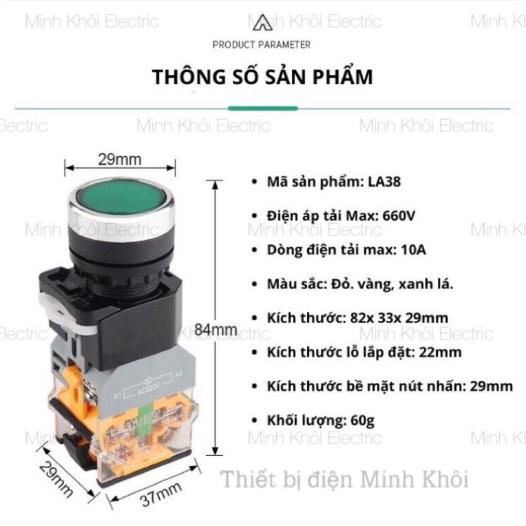 Nút nhấn nhả có đèn phi 22,nút nhấn tủ điện LA38 chống nước, nút nhấn giữ, nút ấn nhả, nút ấn giữ 22mm Cao Cấp