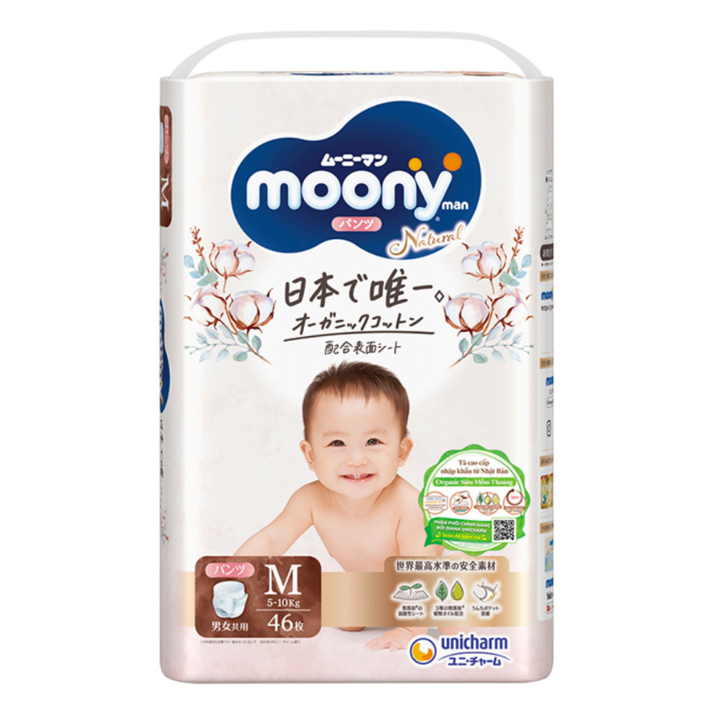 Bỉm dán, Bỉm quần Moony Natural cho bé, nhập khẩu chính hãng của Unicharm