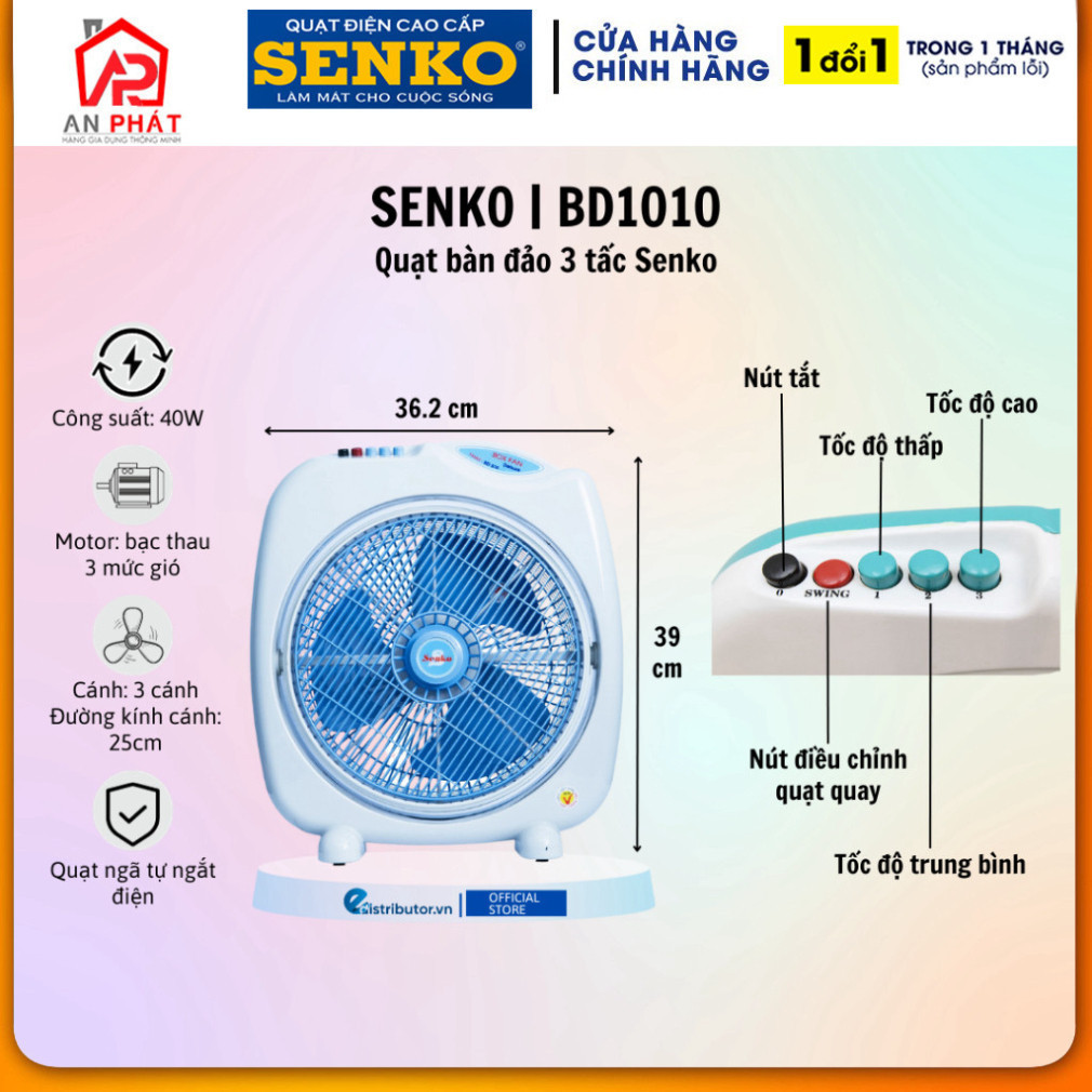 Quạt Bàn đảo Senko Bd1010 3 Tấc Cao Cấp Giao Màu Ngẫu Nhiên Hàng Chính Hãng Bảo Hành 12 9017