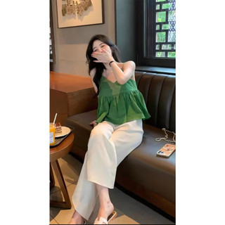 Áo hai dây đi biển màu xanh lá dáng babydoll dây có chốt điều chỉnh phong cách Hàn Quốc phù hợp đi chơi