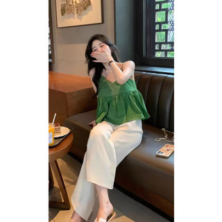 Áo hai dây đi biển màu xanh lá dáng babydoll dây có chốt điều chỉnh phong cách Hàn Quốc phù hợp đi chơi