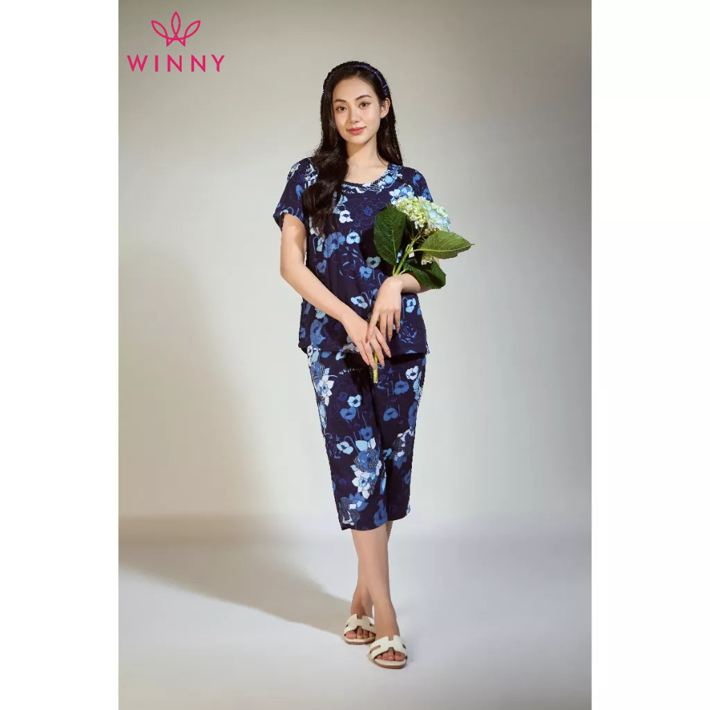 Ảnh Bộ mặc nhà nữ WINNY kiểu cộc tay quần ngố chất lanh mềm mát 2MNLA23016N 4